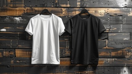 Naklejka premium Black and white plain t-shirts on rustic wooden background