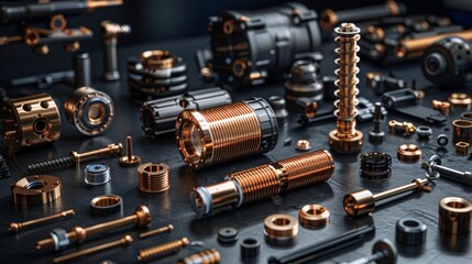 Assorted car parts on a black background with metallic finish