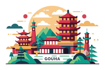 Fototapeta premium A Stylized Illustration of Gouha City with Pagoda and Mountains