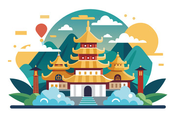 Obraz premium Golden Pagoda Temple with Mountain Landscape Illustration