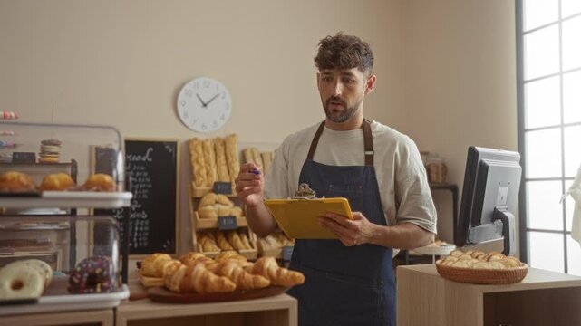 Young man working in bakery writing on clipboard surrounded by pastries and bread display in cozy indoor shop setting