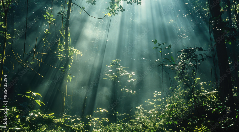 Poster shafts of light from a headlamp pierce through the dense forest canopy. generative ai.