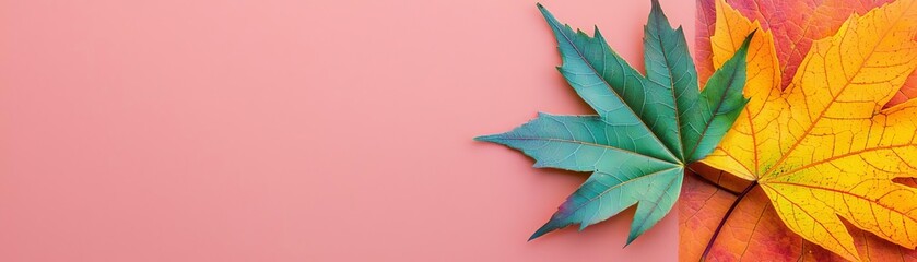 Maple leaf in mid-autumn, displaying a spectrum of warm tones from green to orange to red, capturing the essence of the season
