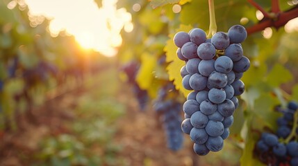 Close-up of blue grapes hanging in a vineyard at sunset