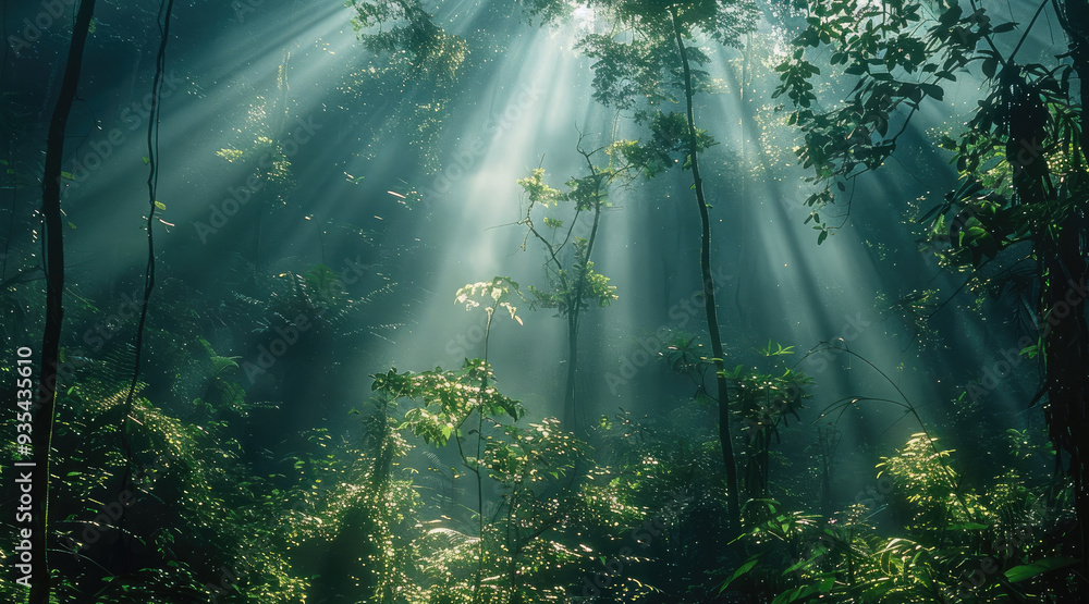 Poster shafts of light from a headlamp pierce through the dense forest canopy. generative ai.