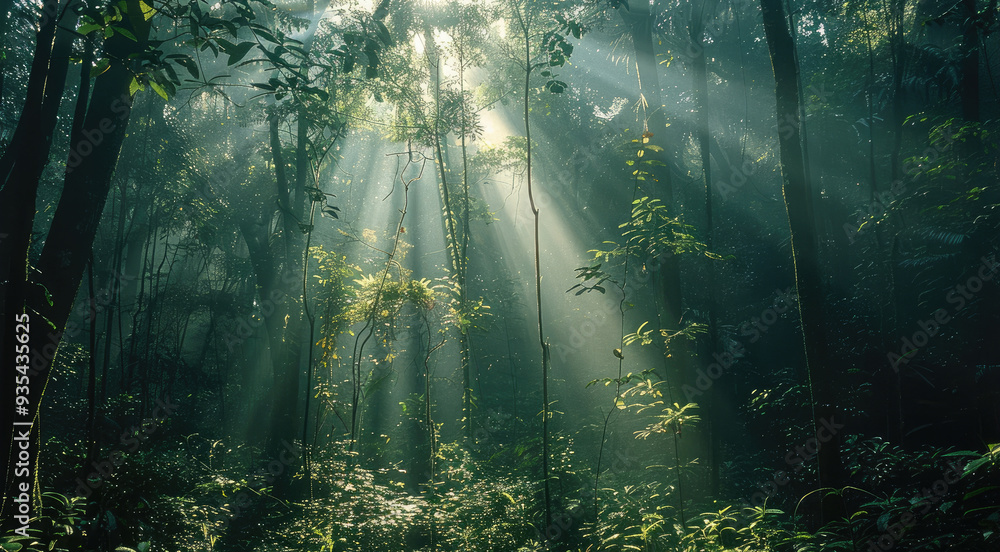 Poster shafts of light from a headlamp pierce through the dense forest canopy. generative ai.