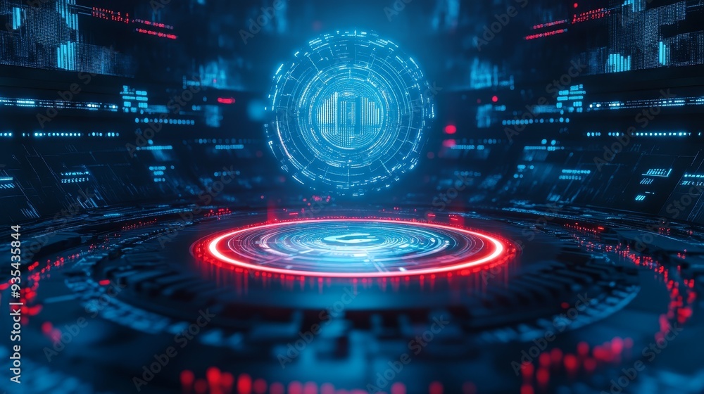 Poster futuristic cyber technology abstract background with glowing neon lights and data