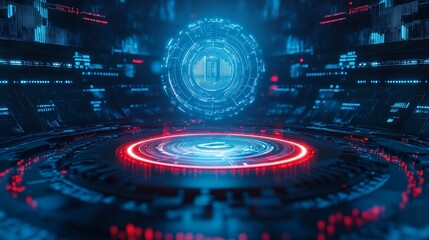 Futuristic Cyber Technology Abstract Background with Glowing Neon Lights and Data