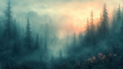Naklejka premium ethereal forest landscape dreamy watercolor style blending reality and imagination soft pastel hues evoking tranquil and mystical atmosphere