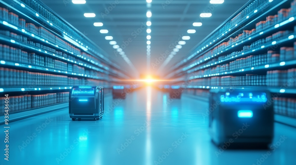 Poster automated robots in supermarket aisle