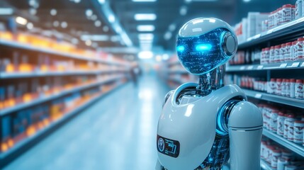 AI Robot in Supermarket Aisle with Products on Shelves