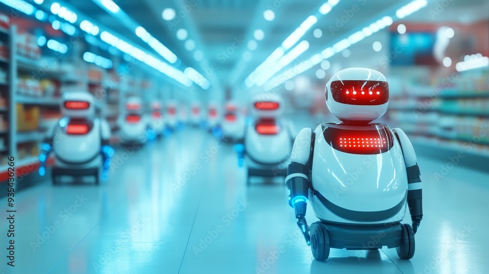 Poster robots in supermarket aisle with shelf background