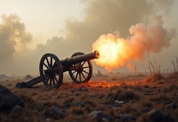 Artillery cannon firing in battlefield, smoke and dust, World War II