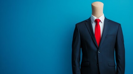 Blue Suit with Red Tie on Mannequin Against Blue Background