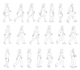 Set with contours of walking people from black lines isolated on white background. Men and women walking. Side view. Vector illustration.