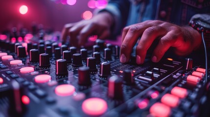 DJ performing live with music mixer under colorful lights