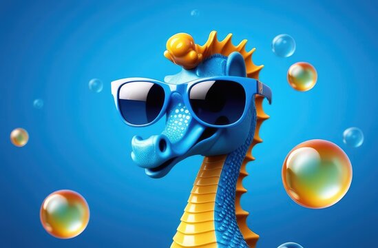 sea horse on blue background in sunglasses, funny cute illustration for children