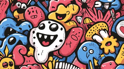 Obraz premium Colorful Cartoon Doodle Pattern with Funny Faces