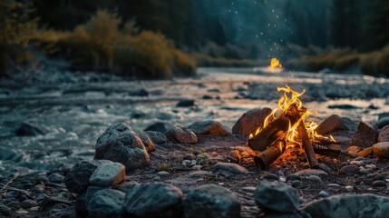 A campfire surrounded by stones on the edge of a river, the flames flickering in the evening light