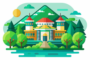 Fototapeta premium A colorful geometric illustration of a building in a mountainous, wooded landscape