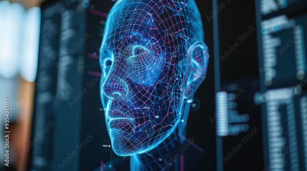 Poster a close-up of a computer screen showing an ai generating a hyper-realistic 3d model of a human face