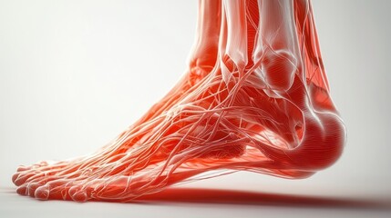 Detailed 3D Rendering of Human Achilles Tendon and Muscle Tissue 
An artistic rendering of a human foot with muscles and tendons highlighted in red