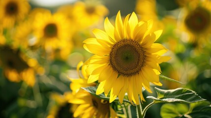 Obraz premium A close-up of a sunflower field, with the bright yellow blooms reaching towards the summer sun