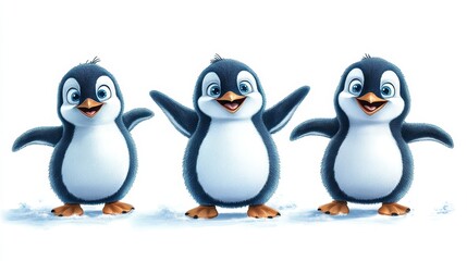 Fototapeta premium Three Cute Cartoon Penguins Smiling on White Background