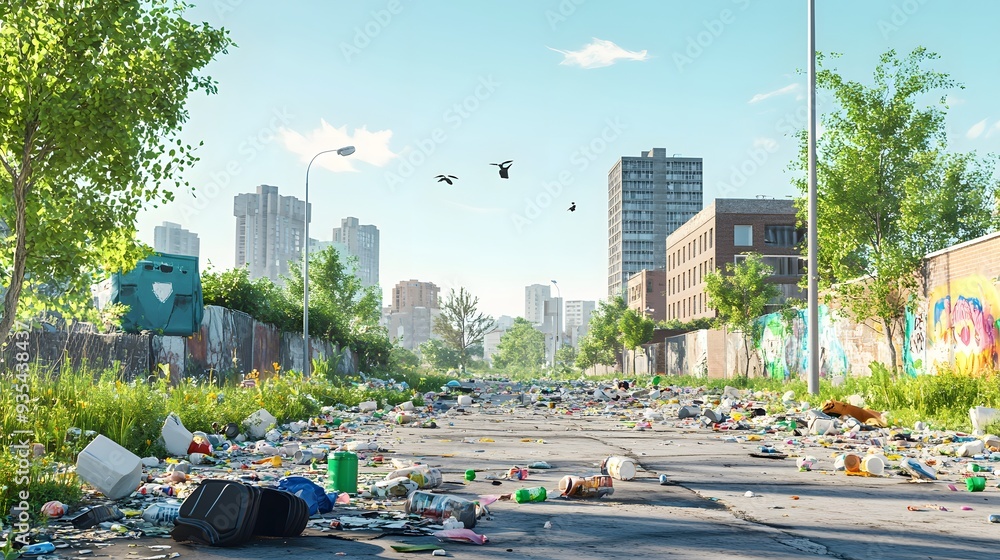 Poster 62. detailed 3d render of an urban area with litter and trash affecting public spaces and sanitation