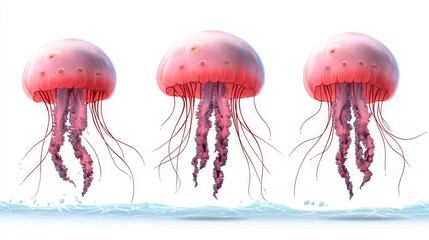 Three Pink Jellyfish with Tentacles Swimming in the Ocean