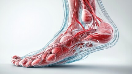 Detailed 3D Rendering of Human Achilles Tendon and Muscle Tissue 
An artistic rendering of a human foot with muscles and tendons highlighted in red