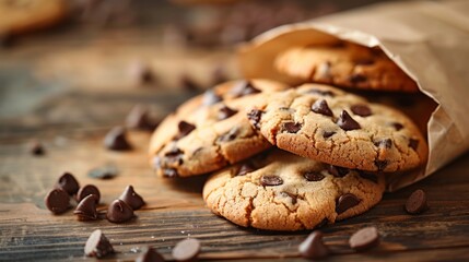 Chocolate chip cookies with copy space. Paper bag over a wooden table