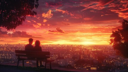 A couple sitting on a bench overlooking a cityscape at sunset, with the sky ablaze in orange and pink hues