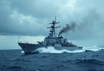 Naval destroyer at sea, rough waters, modern warfare, stormy skies