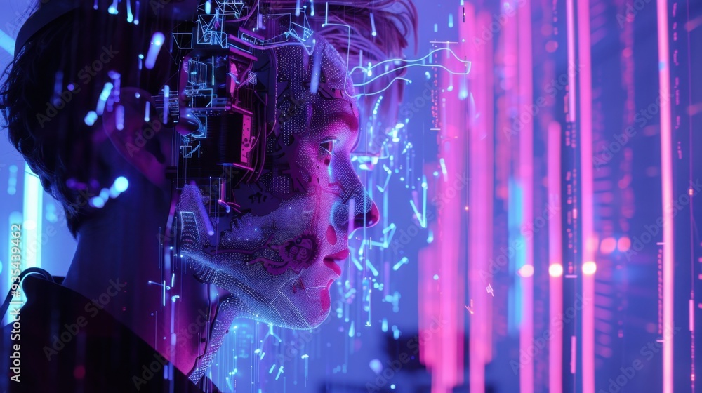 Poster a digital artist interacting with an ai, using voice commands to generate and refine a piece of digi