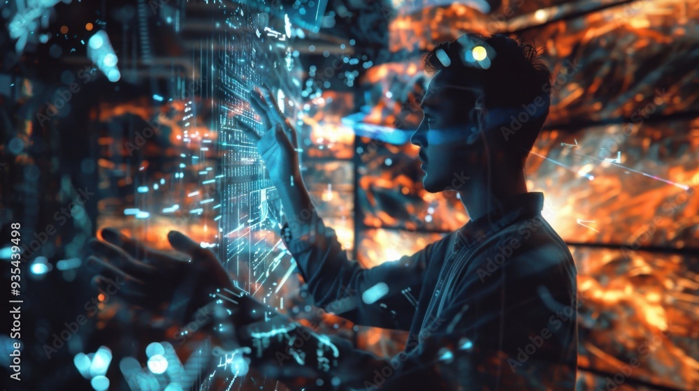 Poster a digital artist interacting with an ai, using voice commands to generate and refine a piece of digi