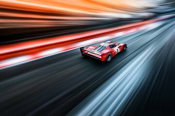 A race car zooming down a track, frozen in time with the background stretching out in a motion blur. 