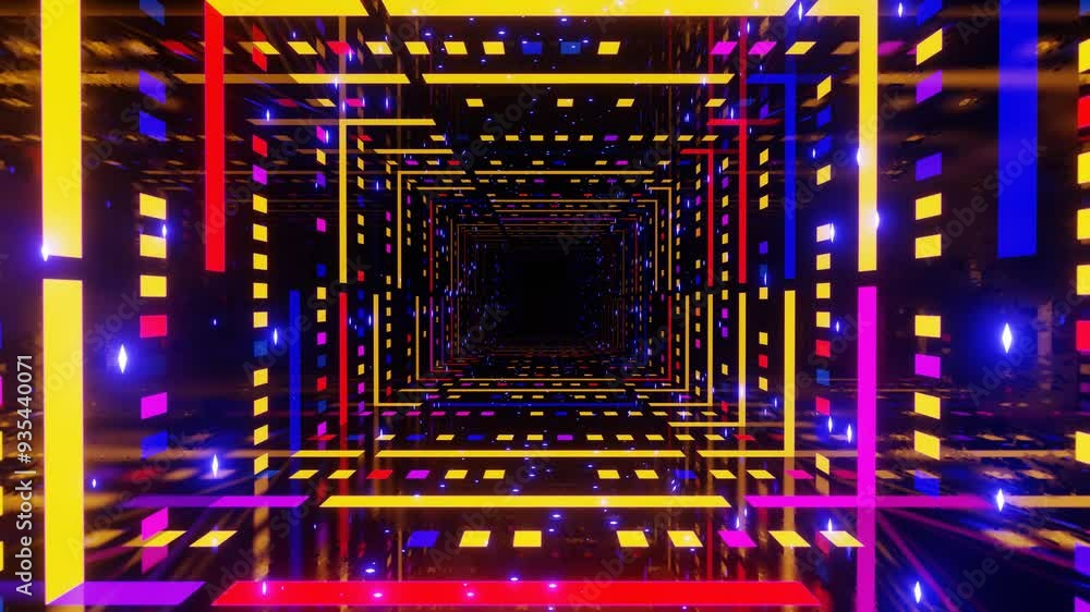 Poster hologram tunnel. fly through mirror tunnel with neon pattern, glow lines form sci fi pattern. bright