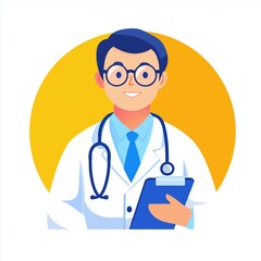 Fototapeta premium Professional Doctor Icon with Stethoscope and Clipboard - Modern Flat Design, Warm Color Tones, High-Resolution, Detailed Illustration, Ideal for Medical, Healthcare, and Professional Use