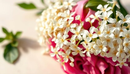 Fototapeta premium White gypsophila flowers or baby's breath flowers close up on beige background selective focus banner. Copy space. Flowers background, ai