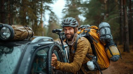 Fototapeta premium Male cyclist loading bicycle onto car rack in forest setting