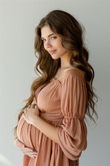 Fototapeta premium Stunning portrait of an expectant mother, radiating warmth and love. The delicate lace gown and warm tones create an intimate atmosphere,