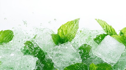 Artistic close-up of shaved ice cubes with green mint leaves, isolated on a white background, showcasing a refreshing and minimalist look.