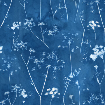 Beautiful vector floral abstract seamless pattern in cyanotype style with silhouette of flowers. Abstract handmade print design. Stock illustration.