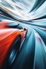 Fototapeta premium A race car zooming down a track, frozen in time with the background stretching out in a motion blur. 