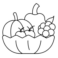 line art of pumpkin, grapes, apples and pears