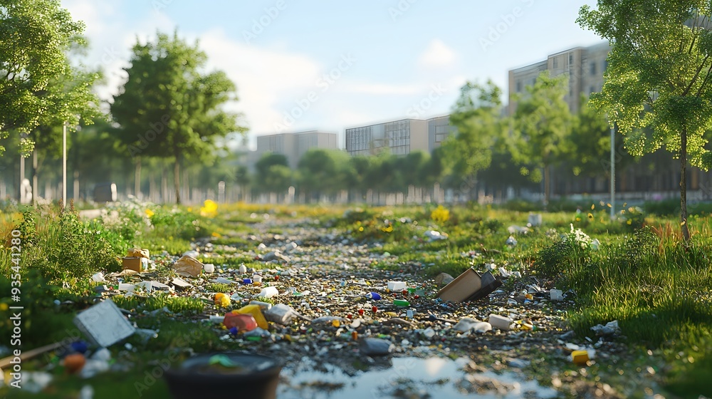 Poster 55. 3d visualization of an urban park with trash and waste affecting recreational spaces and wildlif