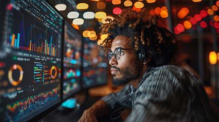 Obraz premium Focused black businessman analyzing data on multiple screens in a modern office