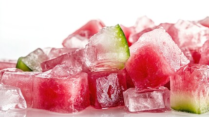 Close-up of ice cubes stacked with juicy watermelon cubes, set against a white background, showcasing the vibrant color and refreshing contrast.
