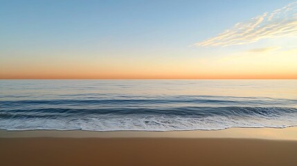 Obraz premium Golden light streaming over a calm sea at dawn, gentle waves reflecting the sky, spiritual peace, copy space for text,